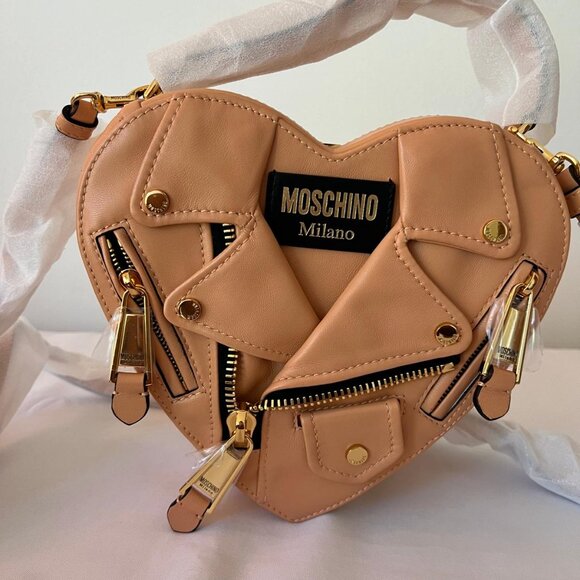 SS22 MOSCHINO Couture Jeremy Scott Peach Heart Shaped Leather Biker Jacket Bag - Picture 4 of 14